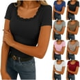 thumbnail image 1 of Otntypg Women's Short Sleeve Tops Trendy Scoop Neck Lace Trim Ribbed Fitted Tight Shirts Casual Basic Y2K Athletic Tee Spring Clothes Blue XXL, 1 of 10