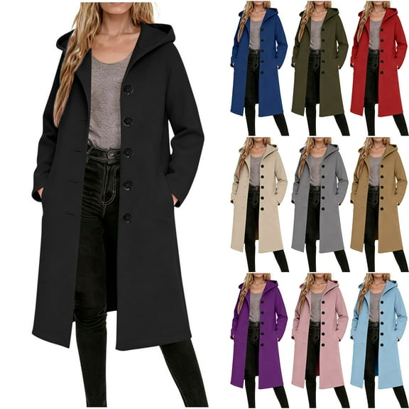 Otntypg Women's Single Breasted Long Trench Coat Windproof Classic Long Sleeve Button Down Hooded Outwear Jacket Loose Overcoat with Pockets Wine XL