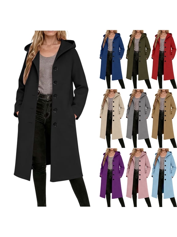 Women's Single Breasted Long Trench Coat Windproof Classic Long Sleeve Button Down Hooded Outwear Jacket Loose Overcoat with Pockets Army Green XL