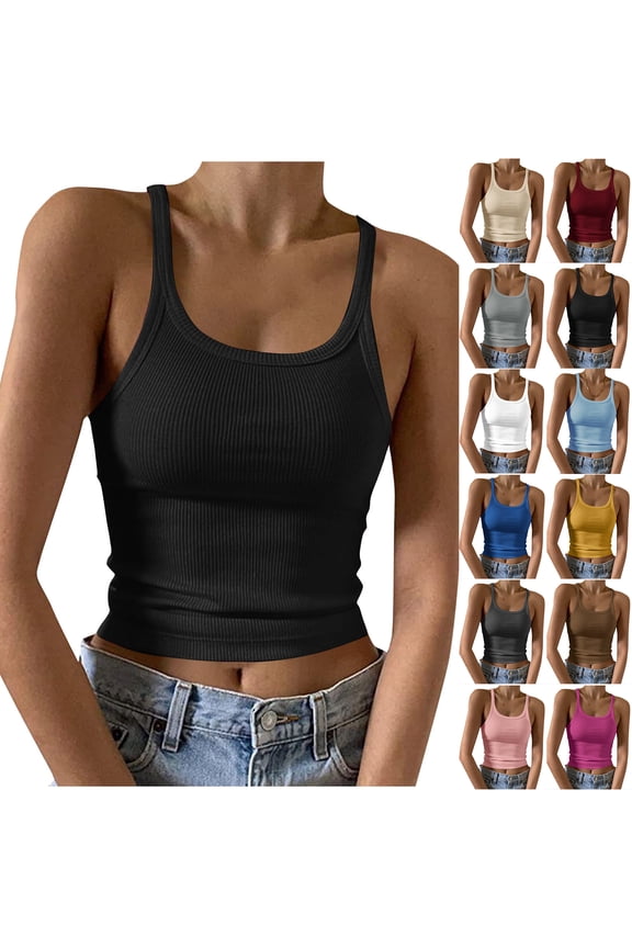 Women's Sleeveless Workout Tank Top Form Fitting Scoop Neck Ribbed Knit Y2K Tops Basic Solid Color Cami Shirts Black XXXL