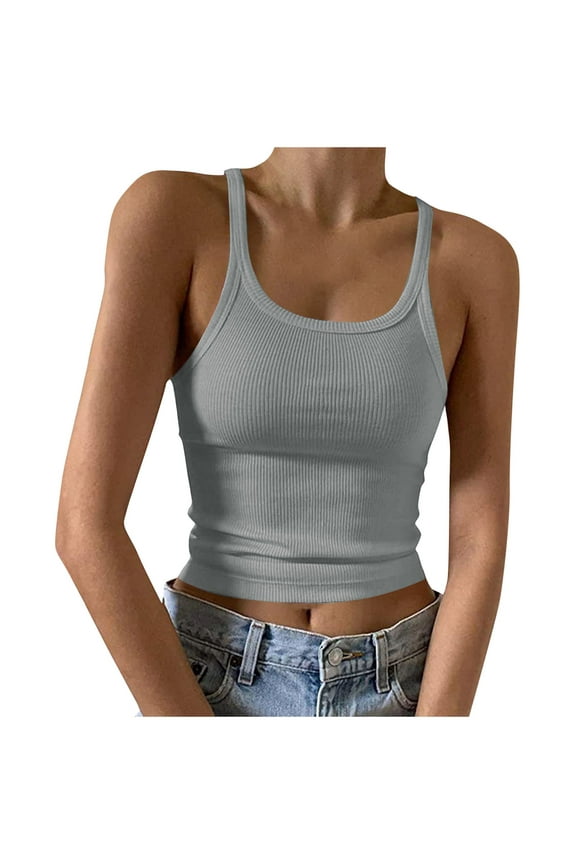 Women's Sleeveless Workout Tank Top Form Fitting Scoop Neck Ribbed Knit Y2K Tops Basic Solid Color Cami Shirts Gray L