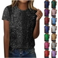 thumbnail image 1 of Otntypg Women's Sparkle Sequins T Shirts Casual Short Sleeve Crew Neck Party Dressy Blouse Tops Shimmer Going Out Rave Tee Shirt Black XXL, 1 of 7