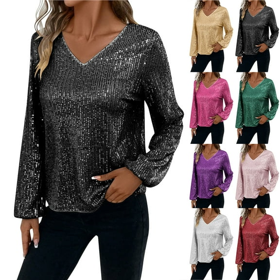 Otntypg Women's Sparkly Sequin Tops Casual Puff Long Sleeve Glitter Dressy Blouses Loose Fit Solid Color V-Neck Club Party Tops Gold M