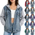 thumbnail image 1 of Otntypg Women's Splicing Hooded Jean Jacket Casual Fall Drawstring Layered Washed Long Sleeve Sweatshirt Button Down Hoodie Denim Shack Jacket with Pockets, 1 of 9