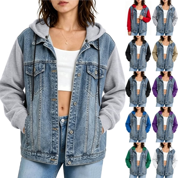Otntypg Women's Splicing Hooded Jean Jacket Casual Fall Drawstring Layered Washed Long Sleeve Sweatshirt Button Down Hoodie Denim Shack Jacket with Pockets
