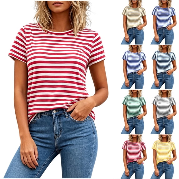 Otntypg Women's Striped Short Sleeve T-Shirt - Trendy Basic Athletic T-Shirts Loose Soft Crew Neck Casual Summer Tops for Work Weekend
