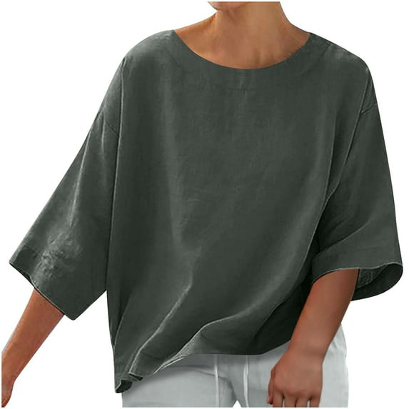 Otntypg Women's Summer Casual Crewneck Batwing 3/4 Lenght Sleeve Linen T-Shirts Trendy Solid Color Loose Fit Cute Basic Tees Tops Lightweight Soft Cotton Blouses Army Green M