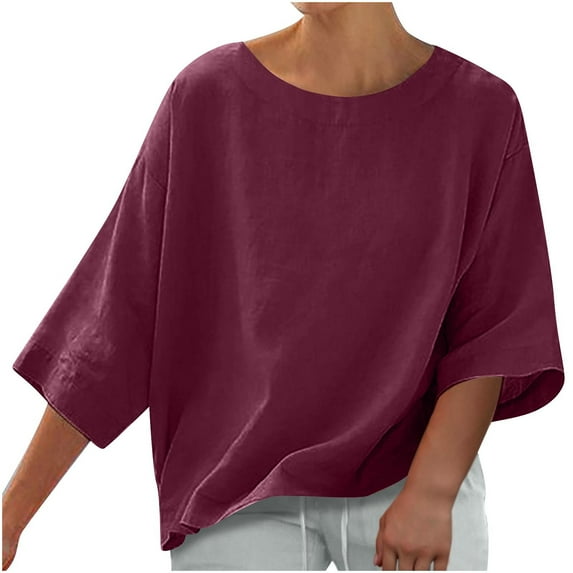 Otntypg Women's Summer Casual Crewneck Batwing 3/4 Lenght Sleeve Linen T-Shirts Trendy Solid Color Loose Fit Cute Basic Tees Tops Lightweight Soft Cotton Blouses Wine S