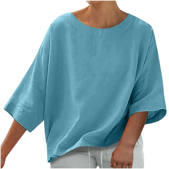 Otntypg Women's Summer Casual Crewneck Batwing 3/4 Lenght Sleeve Linen T-Shirts Trendy Solid Color Loose Fit Cute Basic Tees Tops Lightweight Soft Cotton Blouses Blue XXL