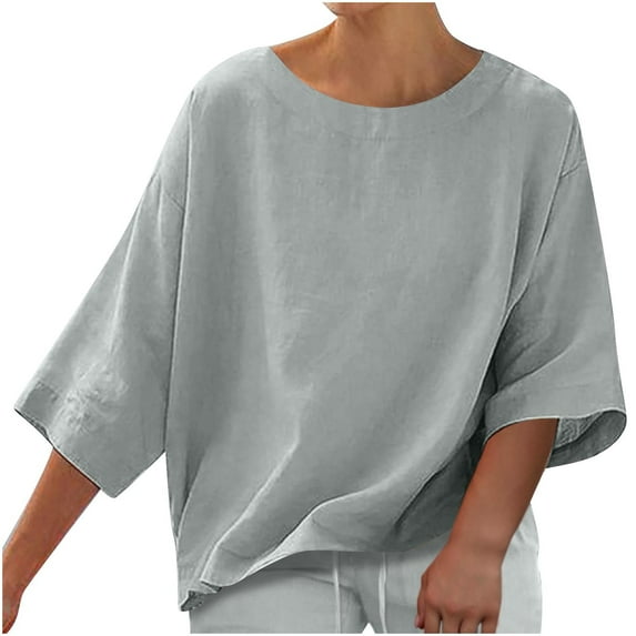 Otntypg Women's Summer Casual Crewneck Batwing 3/4 Lenght Sleeve Linen T-Shirts Trendy Solid Color Loose Fit Cute Basic Tees Tops Lightweight Soft Cotton Blouses Gray XL