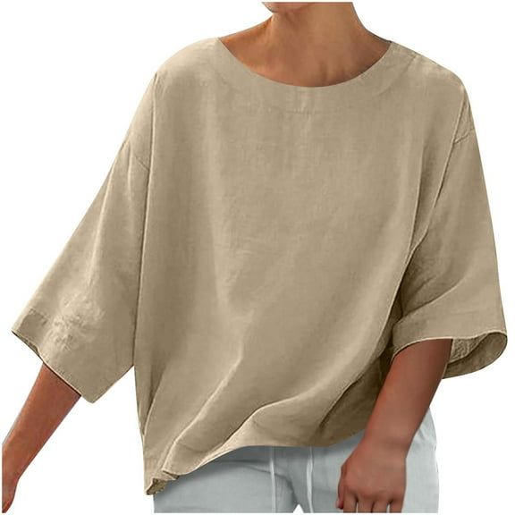 Otntypg Women's Summer Casual Crewneck Batwing 3/4 Lenght Sleeve Linen T-Shirts Trendy Solid Color Loose Fit Cute Basic Tees Tops Lightweight Soft Cotton Blouses Khaki S