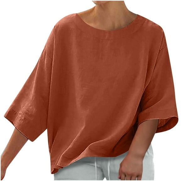 Otntypg Women's Summer Casual Crewneck Batwing 3/4 Lenght Sleeve Linen T-Shirts Trendy Solid Color Loose Fit Cute Basic Tees Tops Lightweight Soft Cotton Blouses Orange M