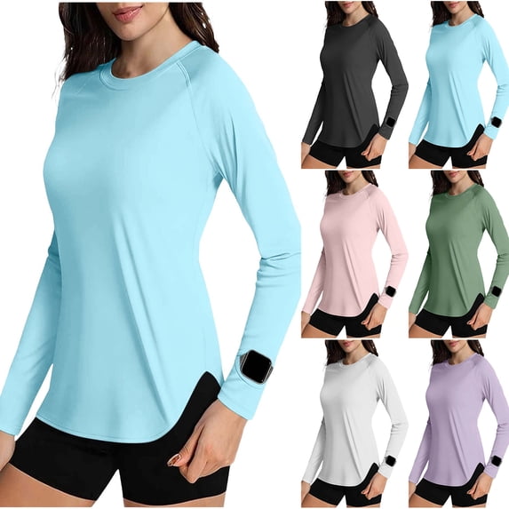 Otntypg Women's Sun Shirts UPF 50+ Long Sleeve UV Protection Basic Crewneck Shirt Side Slit Rash Guard Lightweight Quick Dry SPF Workout Hiking Tops Light Blue XL