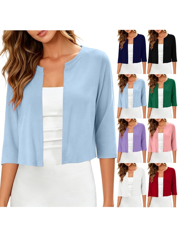 Women's Thin Bolero Shrugs 3/4 Sleeve Lightweight Cropped Tops Casual Summer Open Front Work Business Cardigan for Dress Trendy Beach Cover ups
