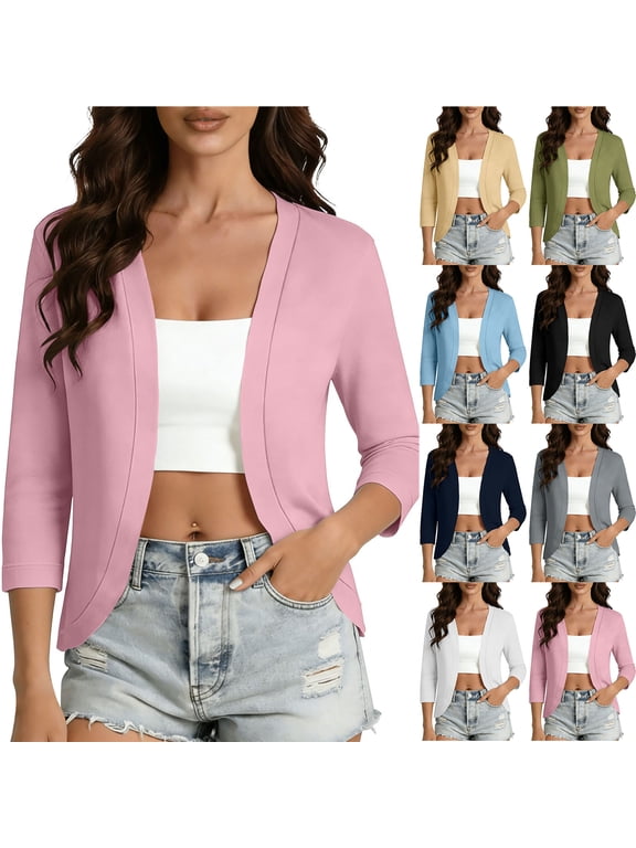 Women's Thin Shrugs 3/4 Sleeve Lightweight Cropped Tops Trendy Solid Color Beach Vacation Open Front Cardigan Shirts for Dress Beige XXL