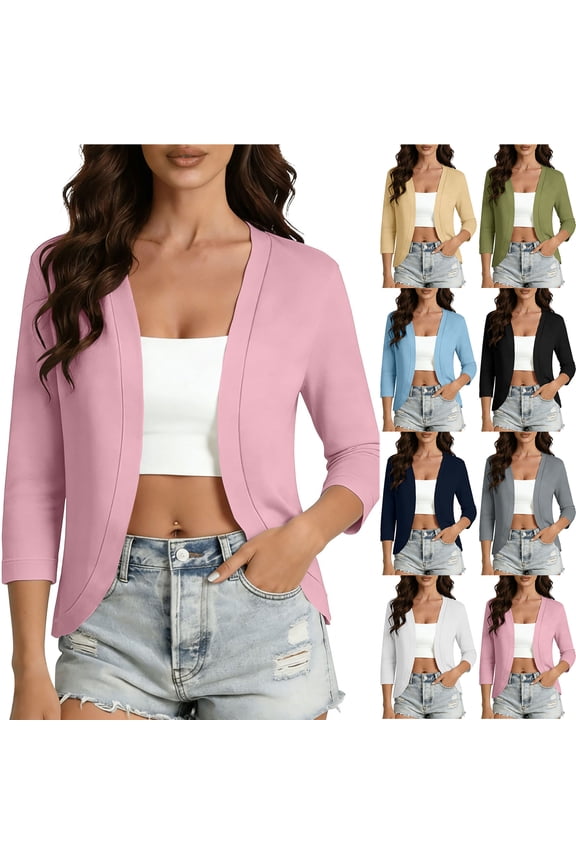 Women's Thin Shrugs 3/4 Sleeve Lightweight Cropped Tops Trendy Solid Color Beach Vacation Open Front Cardigan Shirts for Dress Pink S