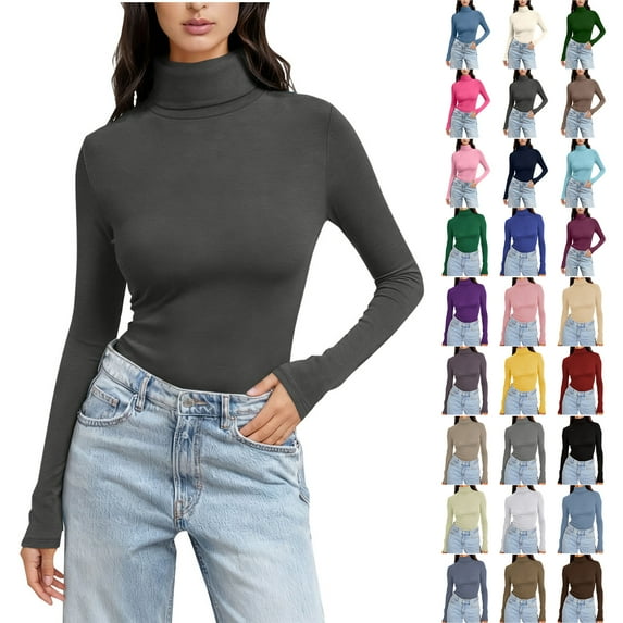 Otntypg Women's Turtleneck Long Sleeve Shirts Fall Fashion Basic Slim Fit Solid Color Thermal Layering Underwear Tops Winter Warm Clothes Dark Gray M