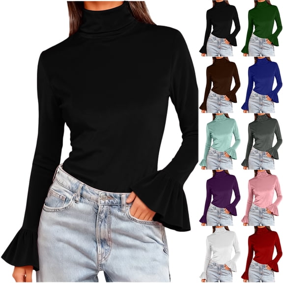 Otntypg Women's Turtleneck Long Sleeve Velvet Shirts Fall Spring Fashion Bell Sleeve Basic Thermal Underwear Tops Trendy Cozy Elegant Work Outfit Clothes Pink L