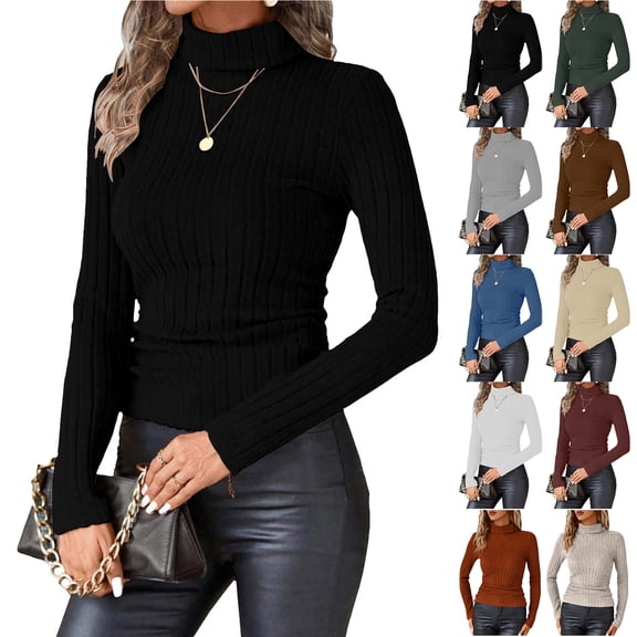 Otntypg Women's Turtleneck Shirts Striped Ribbed Knitted Pullover Sweater Long Sleeves Tops Lightweight Slim Fit Basic Thermal Underscrubs Tees Khaki M