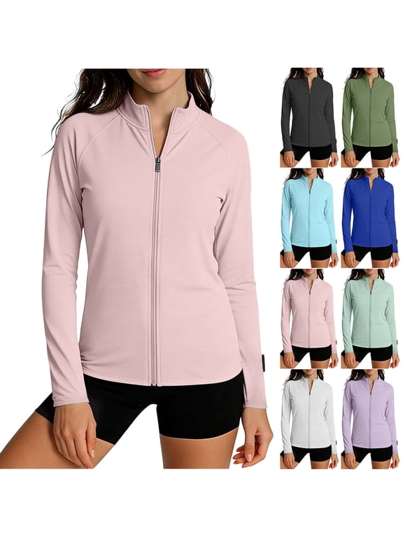 Women's UPF 50+ Lightweight Athletic Jackets Sun Protection Full Zip up Long Sleeve Packable Active Workout Shirts Running Light Blue S