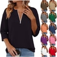 thumbnail image 1 of Otntypg Women's V Neck 3/4 Sleeve Tops Dressy Casual Summer Half Zip up Tunic Blouse Loose Fit Basic Solid Color Business Work Tees Shirt White XL, 1 of 6