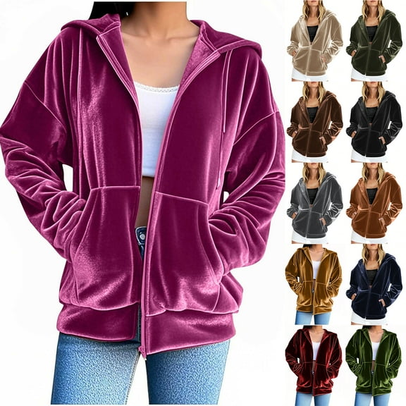 Otntypg Women's Velour Hooded Jackets Long Sleeve Full Zip up Outerwear Coat Soft Warm Plush Velvet Hoodie Jacket with Side Pockets Black XXL