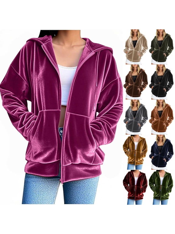 Women's Velour Hooded Jackets Long Sleeve Full Zip up Outerwear Coat Soft Warm Plush Velvet Hoodie Jacket with Side Pockets Brown M