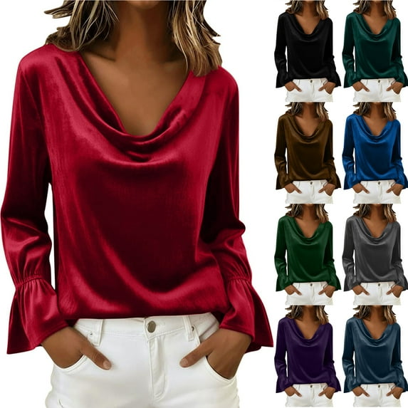 Otntypg Women's Velvet Blouses Cocktail Evening Party Dressy Casual Blouses Long Sleeve Shirts Fashion Cowl Neck Ruched Long Sleeve Tops Brown XL