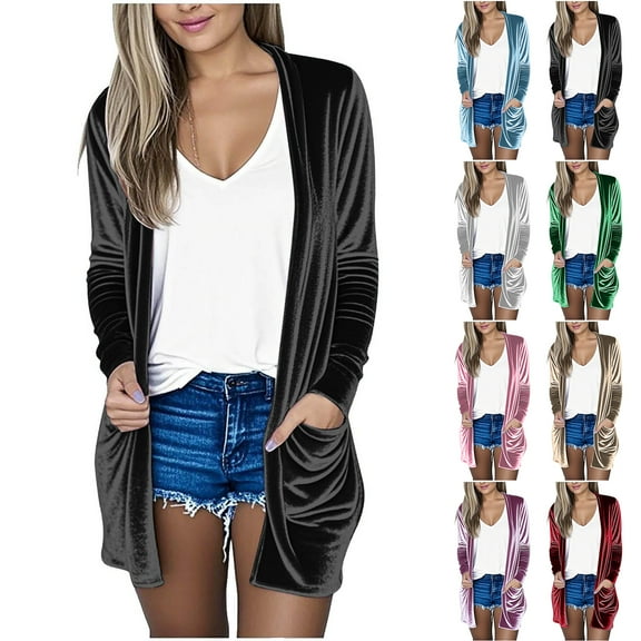 Otntypg Women's Velvet Cardigan Long Sleeve Open Front Cardigans Outwear Jacket Loose Lightweight Casual Warm Mid-Length Coat with Pockets Khaki XL