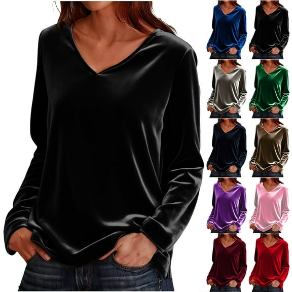 Otntypg Women's Velvet V-Neck Tunic Elegant Dressy Casual Long Sleeve Pullover Tops Lightweight Loose Fit Comfy Work Business Shirts Blue L