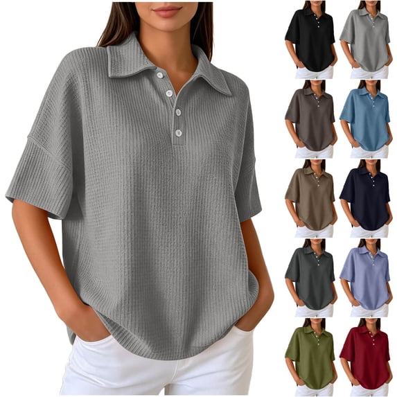 Otntypg Women's Waffle Knit Golf Shirts Lightweight Casual Short Sleeve Oversized Collared T-Shirt Summer Casual Tennis Work Athletic Tops