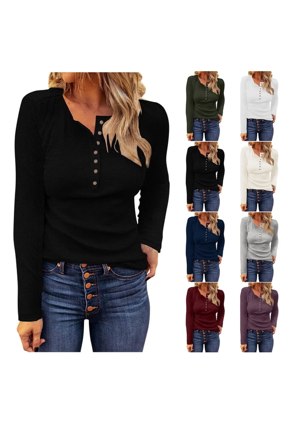 Women's Waffle Knit Henley Tops Fall Lightweight Casual Long Sleeve Blouses Trendy Solid Color Slim Fit Button Down V Neck Pullover Shirt Navy XL