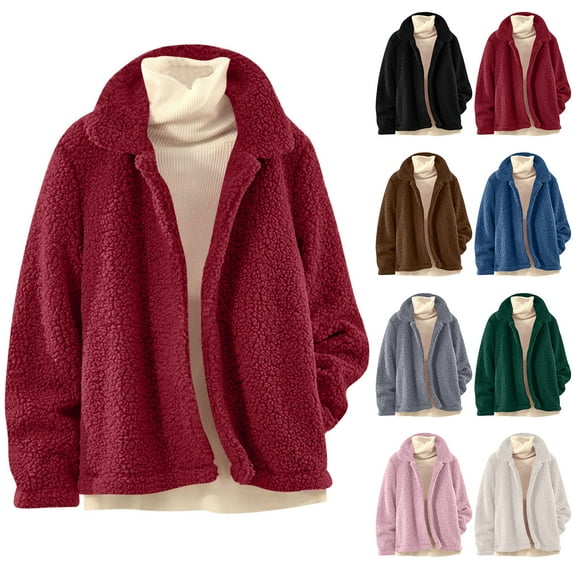 Otntypg Women's Winter Fuzzy Warm Coats Long Sleeve Notch Lapel Collared Sherpa Fleece Thick Jacket Casual Trendy Cardigan Outerwear Tops Black M