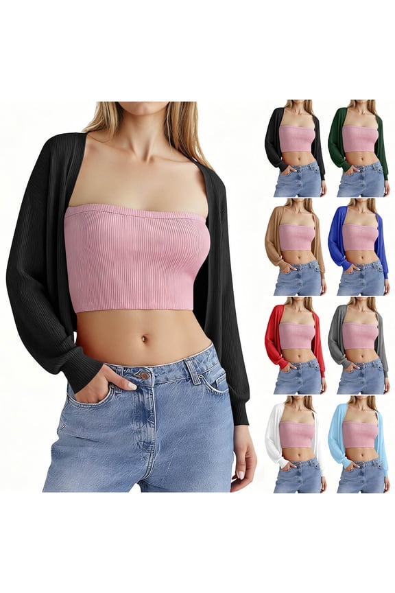 Women's Y2K Bolero Shrugs Lightweight Casual Long Batwing Sleeve Knit Cropped Cardigan Drop Shoulder Cardigan with Back Slit Gray M