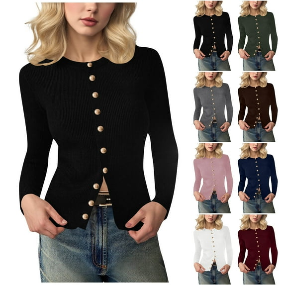 Otntypg Womens 2025 Fall Cardigan Sweaters Lightweight Long Sleeve Button up Slim Fit Basic Crewneck Ribbed Knit Tops Winter Fashion Clothes Army Green L