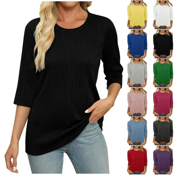 Otntypg Womens 3/4 Length Sleeve Tops Trendy Crew Neck Textured T Shirts Solid Basic Blouses Dressy Casual Loose Fit Tunic Tee Shirt White L
