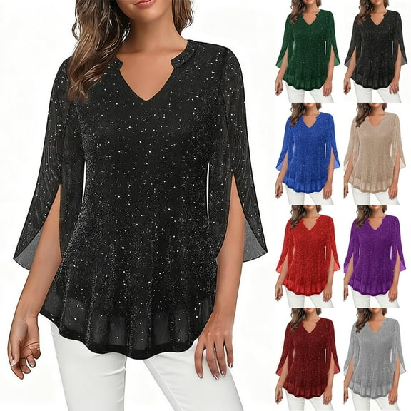 Otntypg Womens 3/4 Ruffle Sleeve Sparkly Tops Sequin V Neck Mesh Tunic Blouses for Party Loose Flowy Dressy Casual Fall Shirts Red XXL