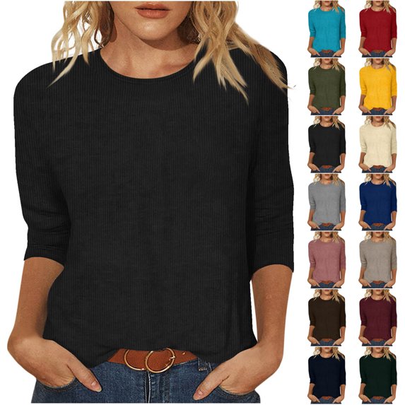 Otntypg Womens 3/4 Sleeve Crewneck T-Shirts Casual Striped Ribbed Knitted Tunic Tops Loose Lightweight Comfy Basic Solid Color Daily Versatile Blouse Brown M