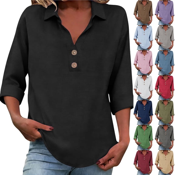 Otntypg Womens 3/4 Sleeve Linen Tops Lightweight Casual Half Button V Neck Henley Shirts Trendy Oversized Soft Cotton Collared Tunic Blouse Khaki S
