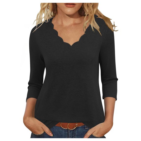 Otntypg Womens 3/4 Sleeve Tops Plus Size Casual Scalloped V Neck Tunic T-Shirts Loose Oversized Dressy Basic Pullover Blouse Trendy 2025 Fall Outfit Clothes Black L