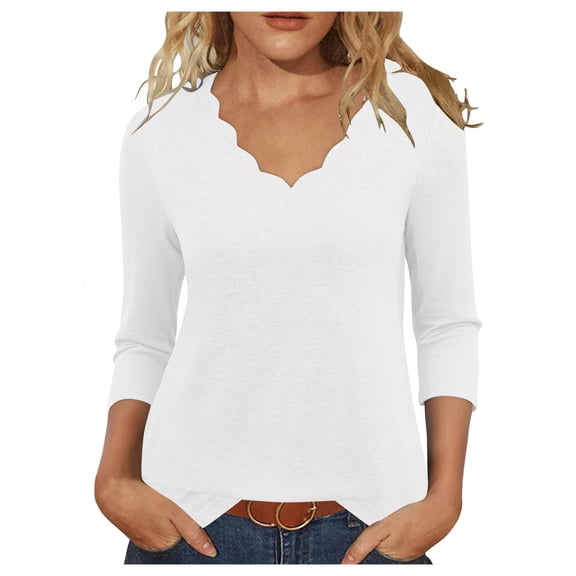 Otntypg Womens 3/4 Sleeve Tops Plus Size Casual Scalloped V Neck Tunic T-Shirts Loose Oversized Dressy Basic Pullover Blouse Trendy 2025 Fall Outfit Clothes White XXXL