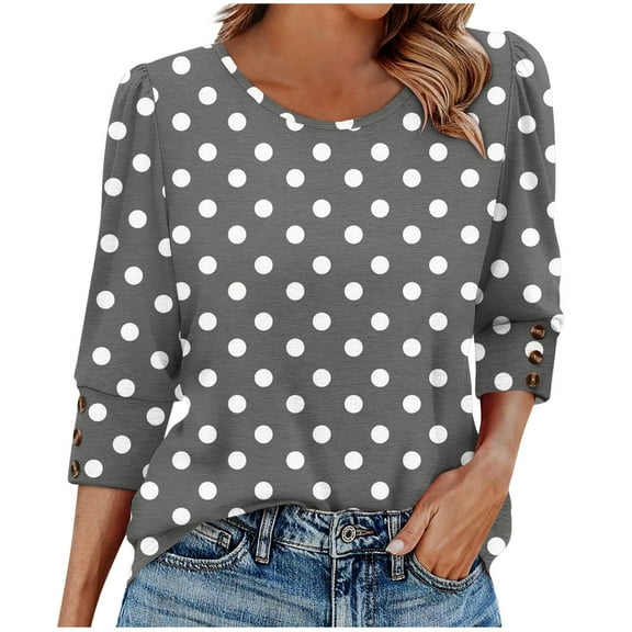 Otntypg Womens 3/4 Sleeve Tops with Buttons Casual Fall Polka Dot Printed Round Neck Graphic T-Shirts Loose Comfy Tunics Pullover Blouses Gray XXXL
