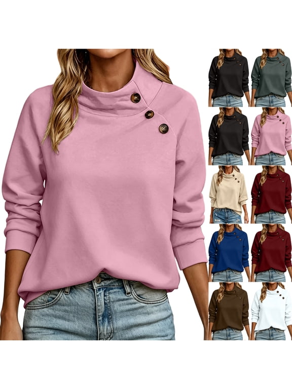 Womens Asymmetrical Button Mock Neck Sweatshirt Lightweight Casual Fall Long Sleeve Basic Solid Color Atheltic Sweatshirts Trendy Oversized Cozy Pullover Tops