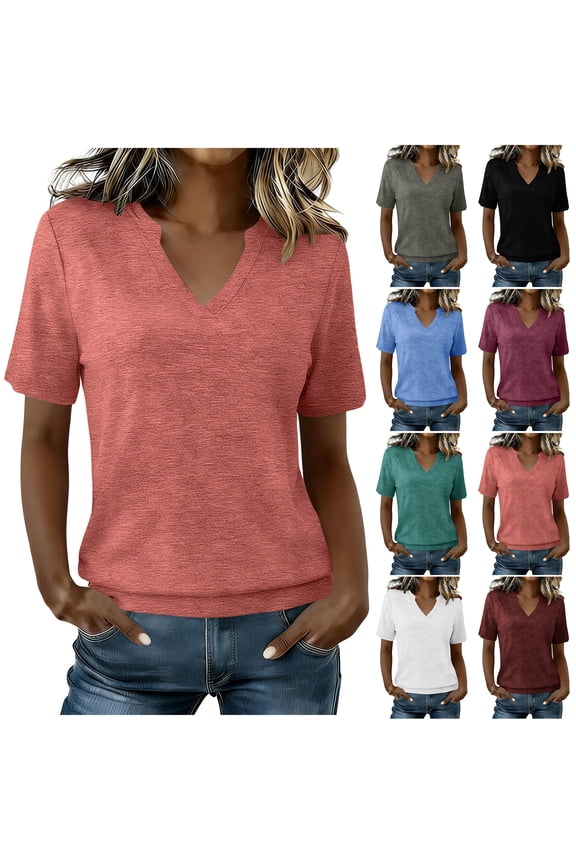 Womens Banded Bottom Tops Trendy Solid Color Summer Short Sleeve V Neck T Shirts Casual Ladies Cozy Tees Loose Fit Tunic Blouses Wine M