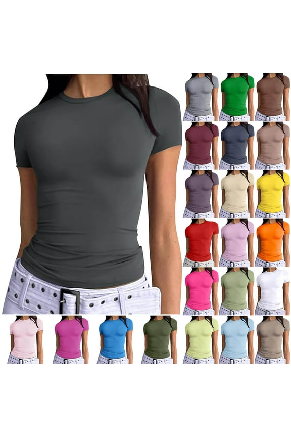 Womens Basic Athletic T Shirts Cute Summer Outfits 2025 Scoop Neck Short Sleeve Solid Color Crop Tops Slim Fit Tees Y2k Clothing Beige M