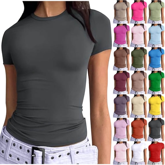 Otntypg Womens Basic Athletic T Shirts Cute Summer Outfits 2025 Scoop Neck Short Sleeve Solid Color Crop Tops Slim Fit Tees Y2k Clothing Dark Gray L