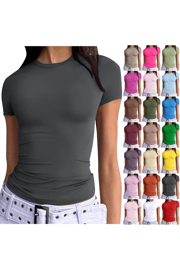 Womens Basic Athletic T Shirts Cute Summer Outfits 2025 Scoop Neck Short Sleeve Solid Color Crop Tops Slim Fit Tees Y2k Clothing Dark Gray M
