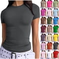 thumbnail image 1 of Otntypg Womens Basic Athletic T Shirts Cute Summer Outfits 2025 Scoop Neck Short Sleeve Solid Color Crop Tops Slim Fit Tees Y2k Clothing Khaki#02 XS, 1 of 8
