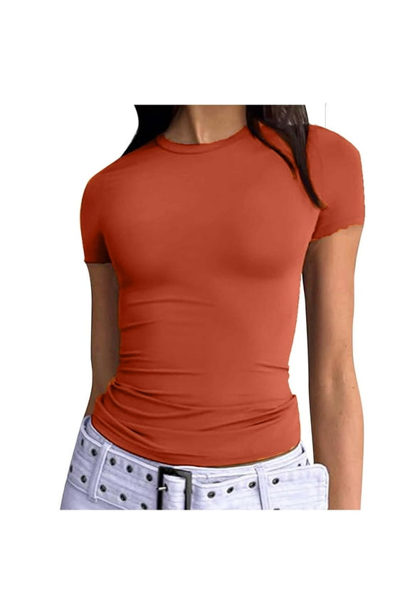 Womens Basic Athletic T Shirts Cute Summer Outfits 2025 Scoop Neck Short Sleeve Solid Color Crop Tops Slim Fit Tees Y2k Clothing Orange L