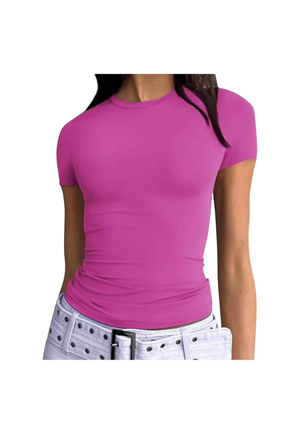 Womens Basic Athletic T Shirts Cute Summer Outfits 2025 Scoop Neck Short Sleeve Solid Color Crop Tops Slim Fit Tees Y2k Clothing Purple S